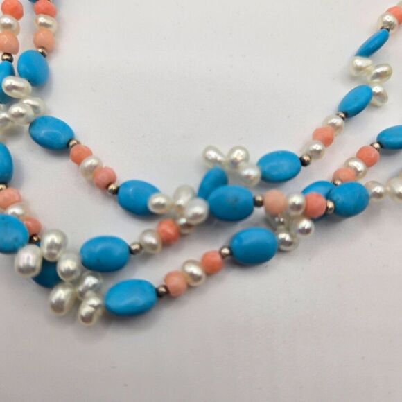 Vintage Turquoise Rice Beaded Necklace Coral Pearls Multi Strand 925 Sterling - Picture 4 of 4